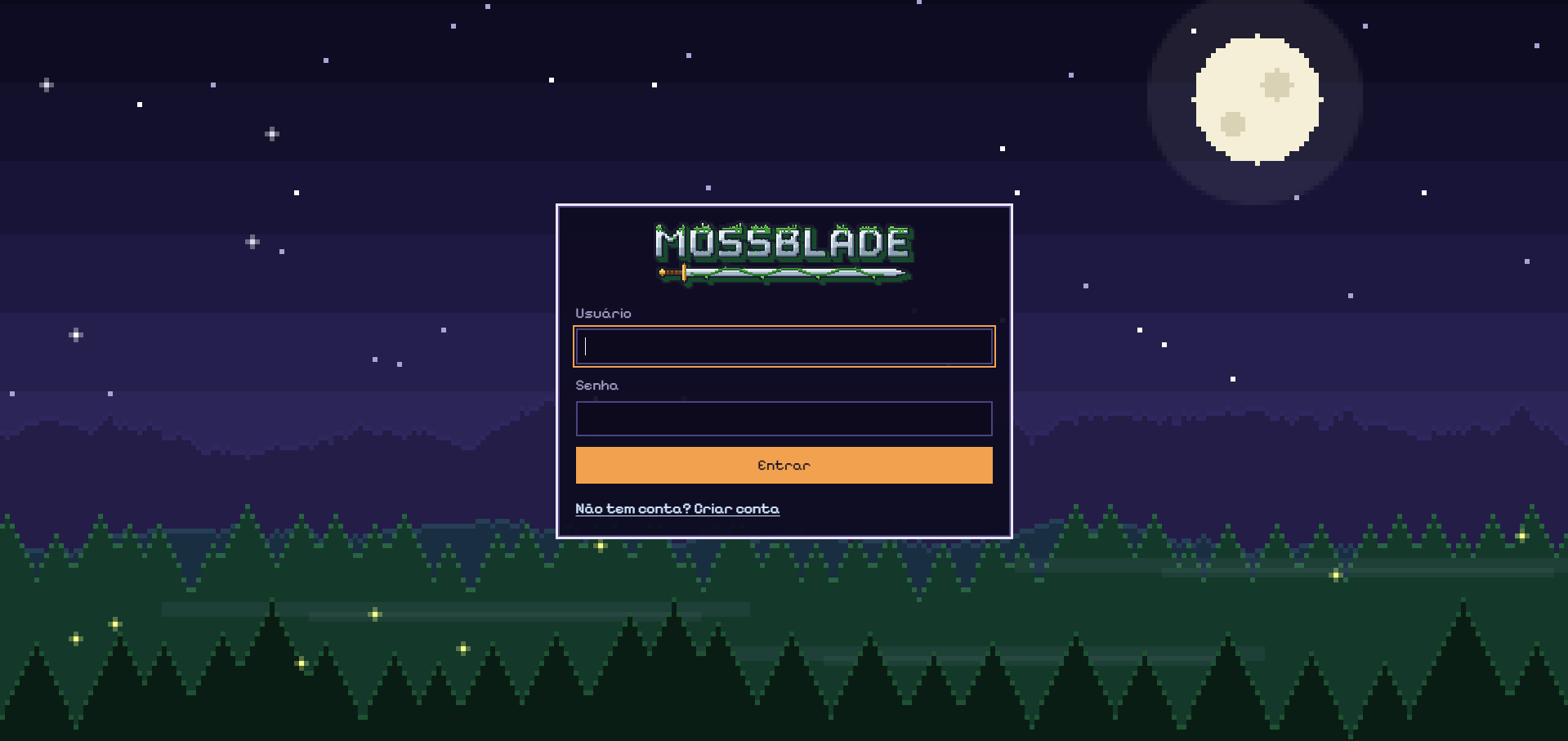 Tela de entrada do Mossblade com floresta à noite